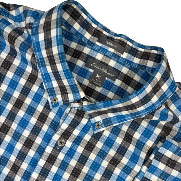 Eddie Bauer Black Turquoise and White Plaid Short Sleeve Button Front Size T2XL - Picture 1 of 9